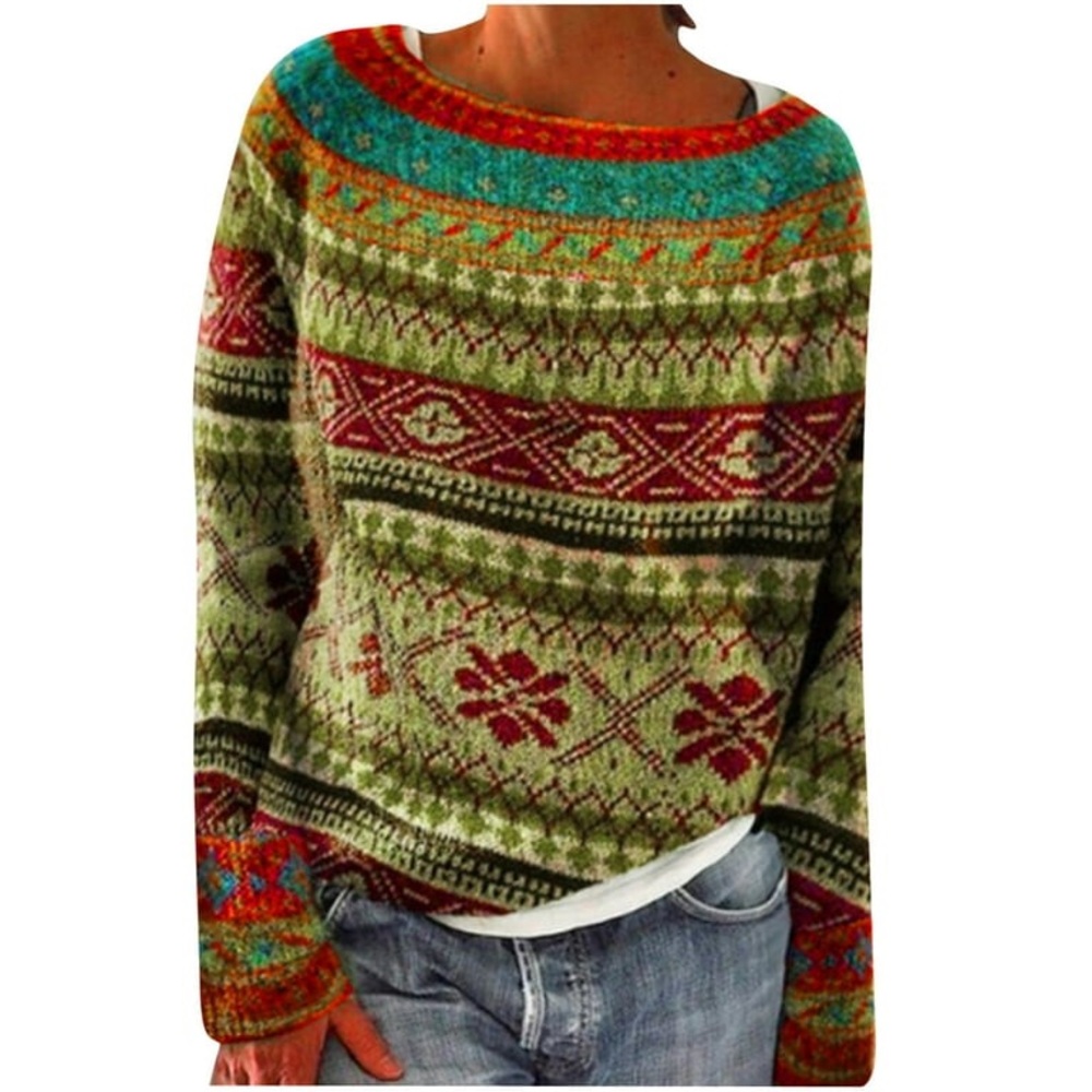 Fair Isle crewneck color block sweater orange and green Size Large
